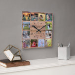 Rustic wood Family photo collage monogram name Square Wall Clock<br><div class="desc">Custom Family photo collage on rustic wood background clock.
Add your own personal photos and name to personalise the clock and you will create a very personal and unique clock.</div>