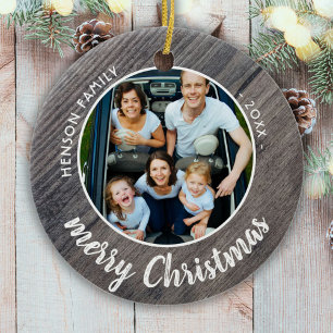 Rustic Wood Family Photo Merry Christmas Ceramic Tree Decoration