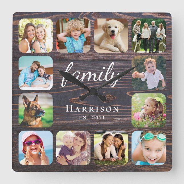 Rustic Wood Family Photo Personalised Square Wall Clock (Front)