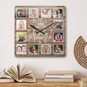 Rustic Wood  Family Time Quote 12 Photo Collage Square Wall Clock