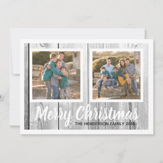 Rustic Wood Family Two Photo Christmas Collage Holiday Card (Front)