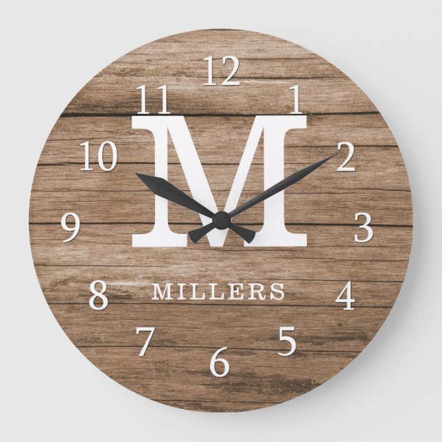 Rustic Wood Farmhouse Family Monogram Large Clock (Front)