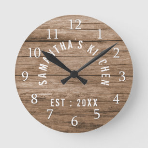 Rustic Wood Farmhouse Kitchen Personalised Round Clock