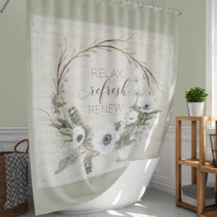 Rustic Wood Farmhouse Relax Refresh Renew Floral Shower Curtain