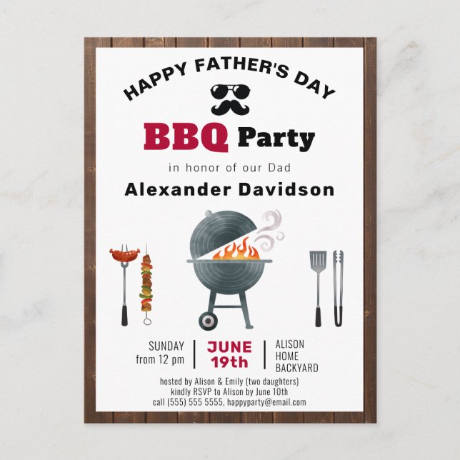 Rustic Wood Father's Day Photo BBQ Invitation Postcard (Front)
