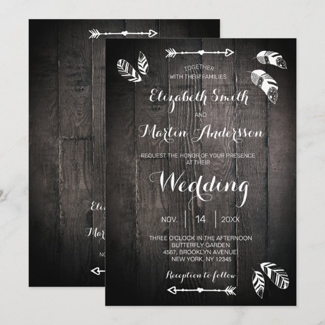 Rustic wood feather simple wedding invitation (Front/Back)