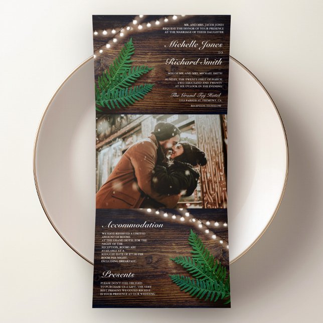 Rustic Wood Fern Greenery String Lights Wedding Tri-Fold Invitation (Creator Uploaded)