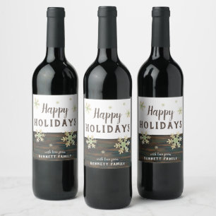 Rustic Wood Festive Snowflakes Christmas Holidays Wine Label