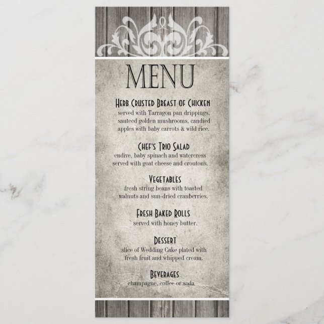 Rustic Wood Filigree Dinner Menu | grey (Front)