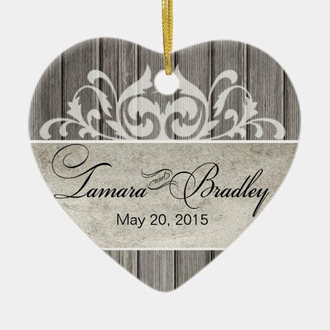 Rustic Wood Filigree Wedding Photo | grey Ceramic Tree Decoration (Front)