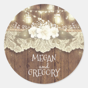 Rustic Wood Fireflies Mason Jars Barn Wedding Classic Round Sticker