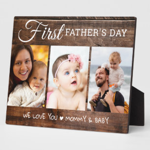 Rustic Wood First Father's Day 3 Photo Collage Plaque
