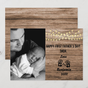 Rustic Wood First Father's Day Custom Photo Holida Holiday Card