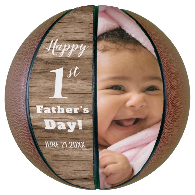 Rustic Wood First Father's Day Personalised  Photo Basketball (Vertical)