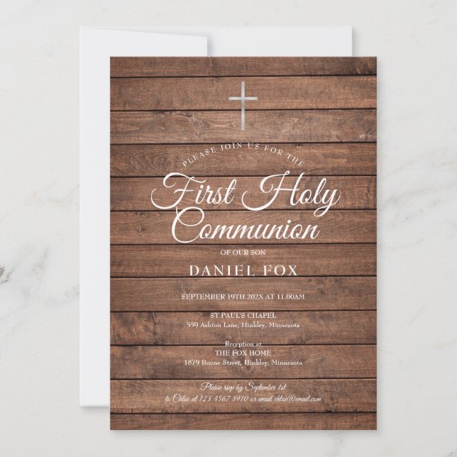 Rustic Wood First Holy Communion Invitation (Front)