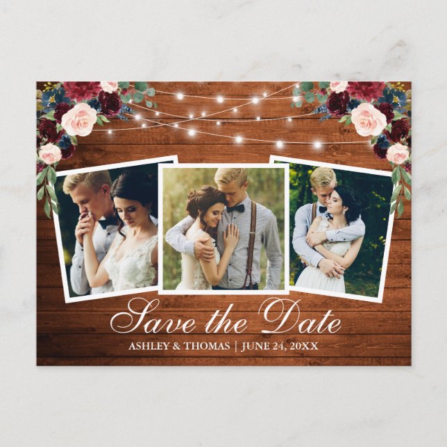 Rustic Wood Floral 3 Photo Save The Date Invitation Postcard (Front)