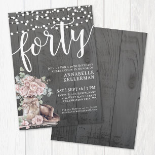 Rustic Wood Floral 40th Birthday Invitation