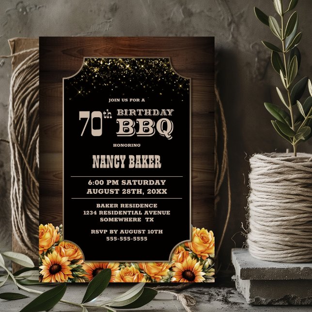 Rustic Wood Floral 70th Birthday BBQ Invitation (Creator Uploaded)