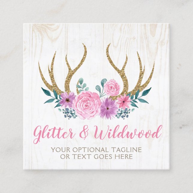Rustic Wood & Floral Antlers Boutique Social Media Square Business Card (Front)