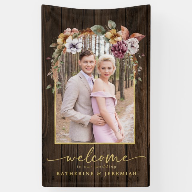 Rustic Wood Floral Arch Photo Wedding Welcome Banner (Vertical)