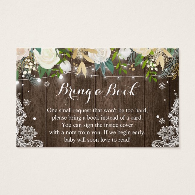 Rustic Wood Floral Baby Shower Book Request Card (Front)