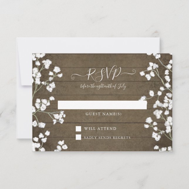 Rustic Wood Floral Babys Breath Baby Shower RSVP Card (Front)