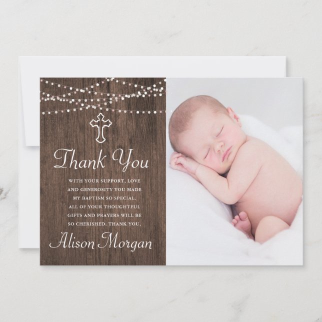 Rustic wood floral baptism thank you card (Front)