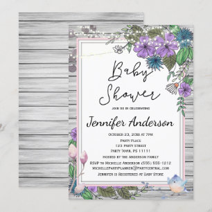 Rustic Wood Floral Birds Lights Baby Shower Invitation