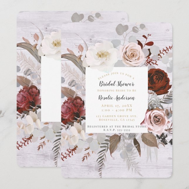 Rustic Wood Floral Blooms Blush Grey Bridal Shower Invitation (Front/Back)
