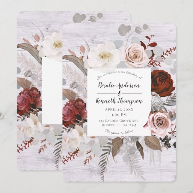 Rustic Wood Floral Blooms Blush Grey Red Wedding Invitation (Front/Back)