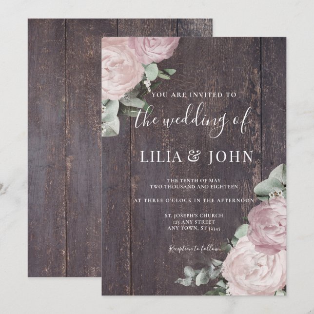 Rustic Wood Floral Blush Dusty Rose Wedding Invitation (Front/Back)