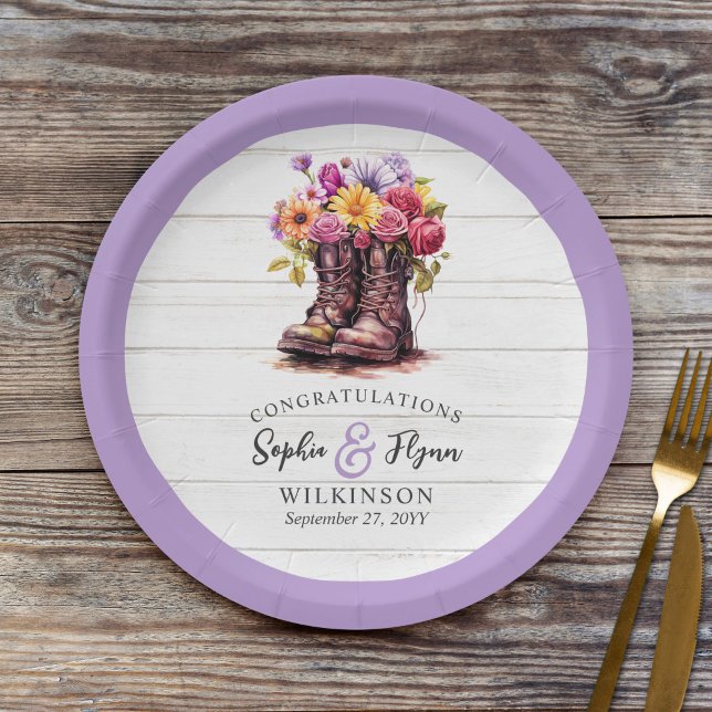 Rustic Wood & Floral Boots Country Farm Wedding Paper Plate (Creator Uploaded)