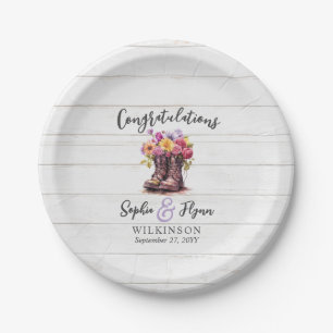 Rustic Wood & Floral Boots Country Farm Wedding Paper Plate