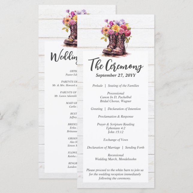Rustic Wood & Floral Boots Country Farm Wedding Programme (Front/Back)