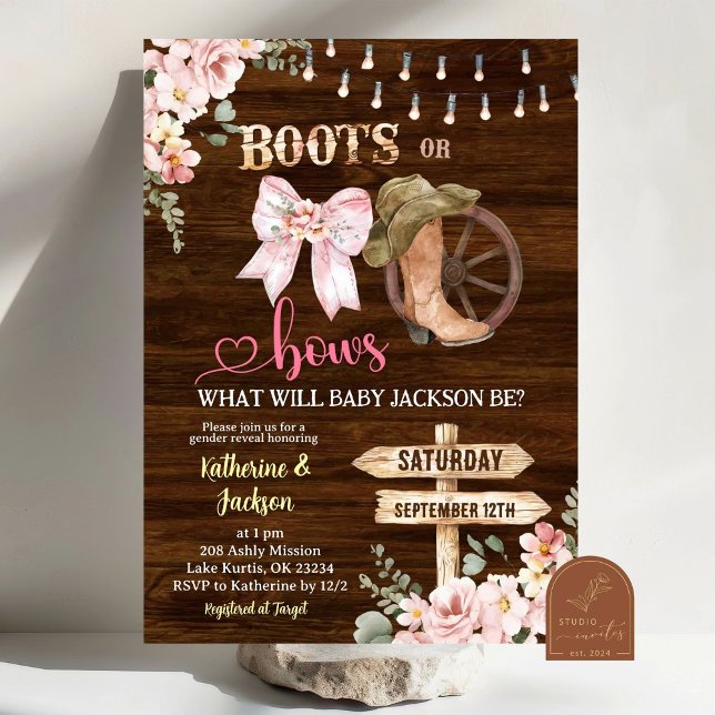 Rustic Wood Floral Boots or Bows Gender Reveal Invitation (Creator Uploaded)