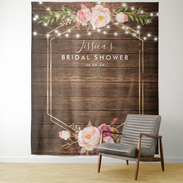 Rustic Wood Floral Bridal Shower Backdrop Tapestry (In Situ)