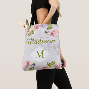 Rustic Wood Floral Bridesmaid Trendy Monogram Tote Bag