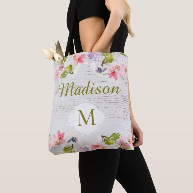 Rustic Wood Floral Bridesmaid Trendy Monogram Tote Bag (Close Up)