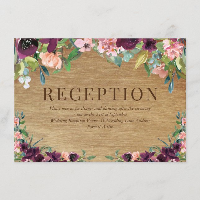 Rustic Wood Floral Burgundy Wedding Reception Enclosure Card (Front)
