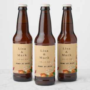 Rustic Wood Floral Butterfly Wedding Beer Bottle Label