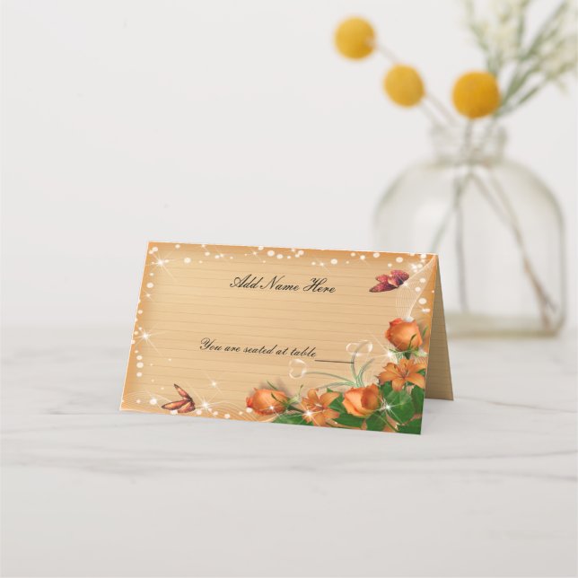 Rustic Wood Floral Butterfly Wedding Folded Table Place Card (Front)