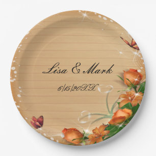 Rustic Wood Floral Butterfly Wedding Paper Plate