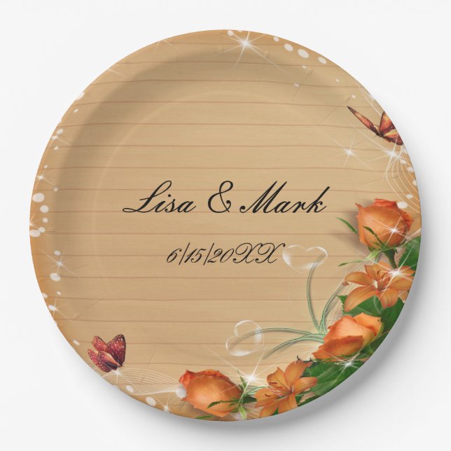 Rustic Wood Floral Butterfly Wedding Paper Plate (Front)