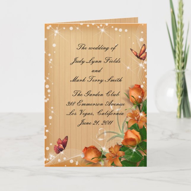 Rustic Wood Floral Butterfly Wedding Program Card (Front)