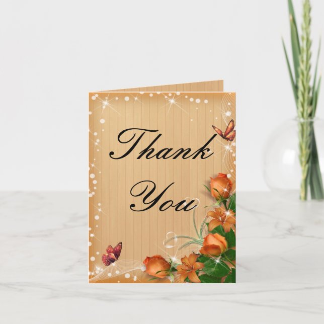 Rustic Wood Floral Butterfly Wedding Thank You Card (Front)