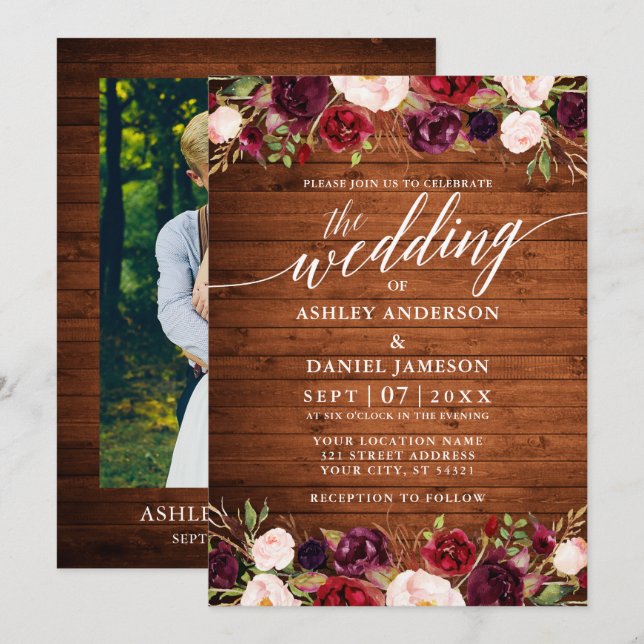 Rustic Wood Floral Calligraphy Photo Wedding Invitation (Front/Back)