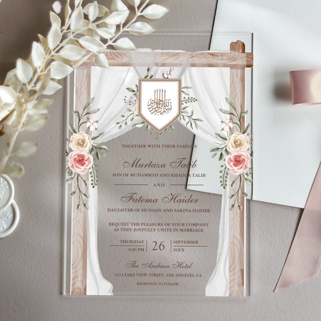 Rustic Wood Floral Canopy Islamic Muslim Wedding Acrylic Invitations (Creator Uploaded)