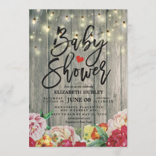 Rustic Wood Floral Chic String Lights Baby Shower Invitation