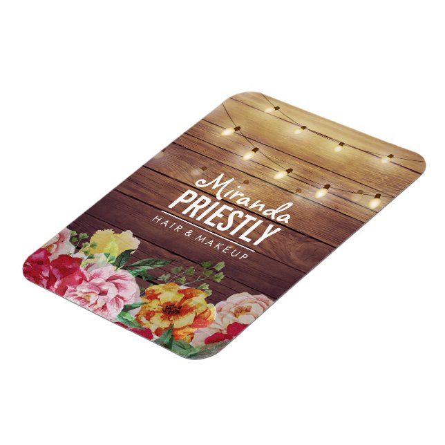 Rustic Wood Floral Chic String Lights Makeup Salon Magnet (Left Side)