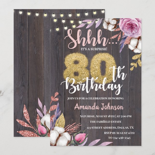 Rustic Wood Floral Cotton 80th Birthday Invitation (Front/Back)
